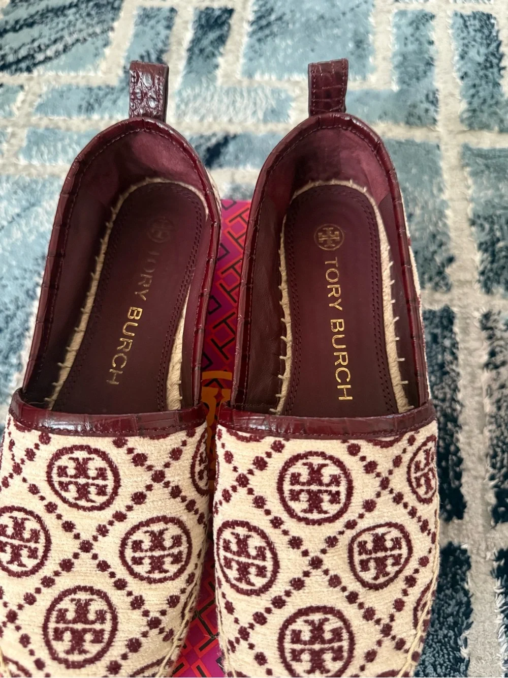 Tory Burch Cream Canvas Espadrilles with Burgundy Logo Pattern